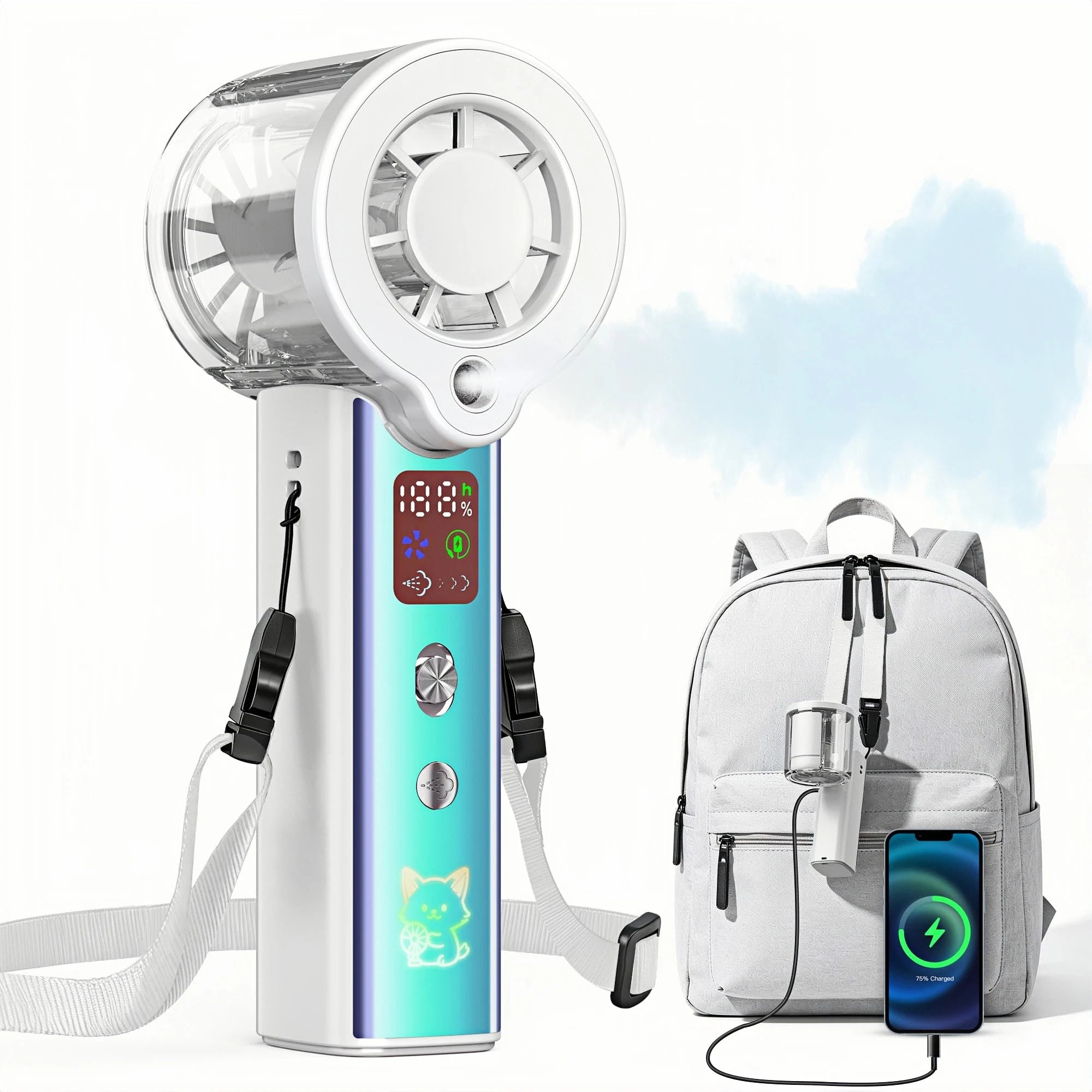 Ventilatore portatile con nebulizzatore, ventilatore personale turbo ad alta velocità da 30000 RPM con velocità regolabili, mini ventilatore spray ricaricabile da 3000 mAh, con display LED, per viaggi, attività all'aperto,