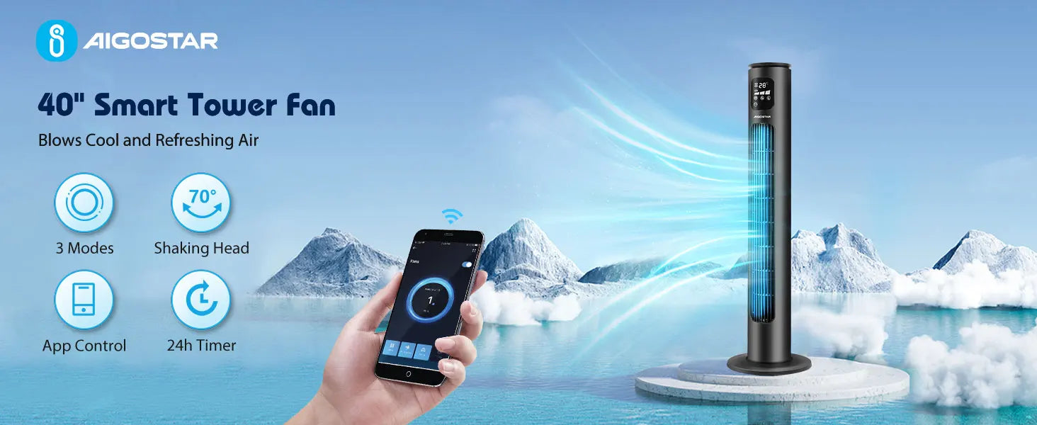 Aigostar Ross Smart - Intelligenter WiFi Turmventilator mit Fernbedienung, 50W, LED-Anzeige, 70° Oszillation, 3 Geschwindigkeiten, 3 Modi, 24-Stunden-Timer, APP-Steuerung, geeignet für Zuhause und Büro