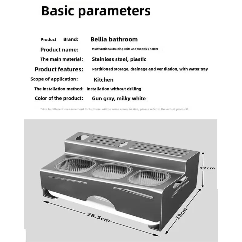 Porta Utensili da Cucina Multifunzionale con Porta Bacchette Integrato, Organizzatore da Parete Senza Foratura per Coltelli e Utensili