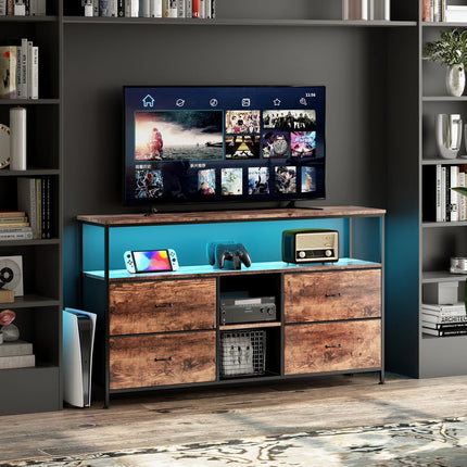 Mobile TV Fangange, Tavolo TV, Supporto TV, con Luci LED e Cassetti in Tessuto, Pannello con Motivo Pelle di Tigre, Doppio Ripiano Aperto e 4 Cassetti, per Conservare Elettrodomestici, DVD, Libri, per Soggiorni, Camere da Letto