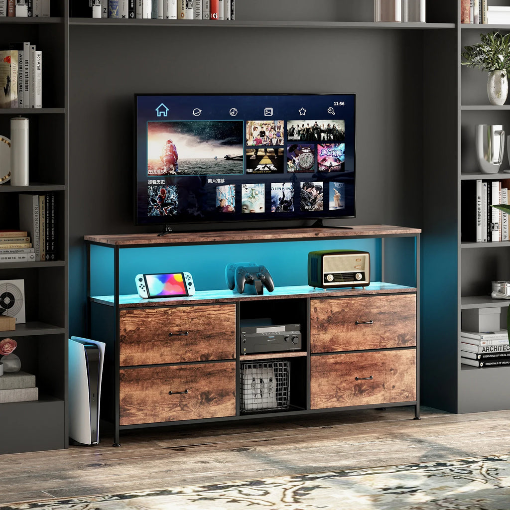 Mobiler TV-Ständer, TV-Tisch, TV-Möbel, mit LED-Beleuchtung und Stoffschubladen, Platte mit Tigerfellmuster, doppelter offener Stauraum und 4 Schubladen, zur Aufbewahrung von Elektrogeräten, DVDs, Büchern, für Wohnzimmer, Schlafzimmer