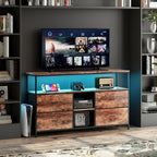 Mobiler TV-Ständer, TV-Tisch, TV-Möbel, mit LED-Beleuchtung und Stoffschubladen, Platte mit Tigerfellmuster, doppelter offener Stauraum und 4 Schubladen, zur Aufbewahrung von Elektrogeräten, DVDs, Büchern, für Wohnzimmer, Schlafzimmer