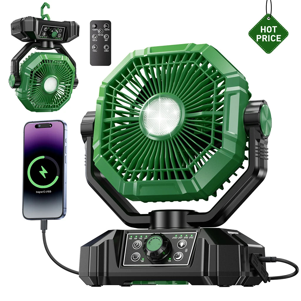 Ventilatore da Campeggio 20000mAh con Lanterna LED, Ventilatore da Tavolo a 8 Velocità con Telecomando, Ventilatore Portatile da Esterno con Gancio per Tenda, Interruzioni di Corrente, Cantiere