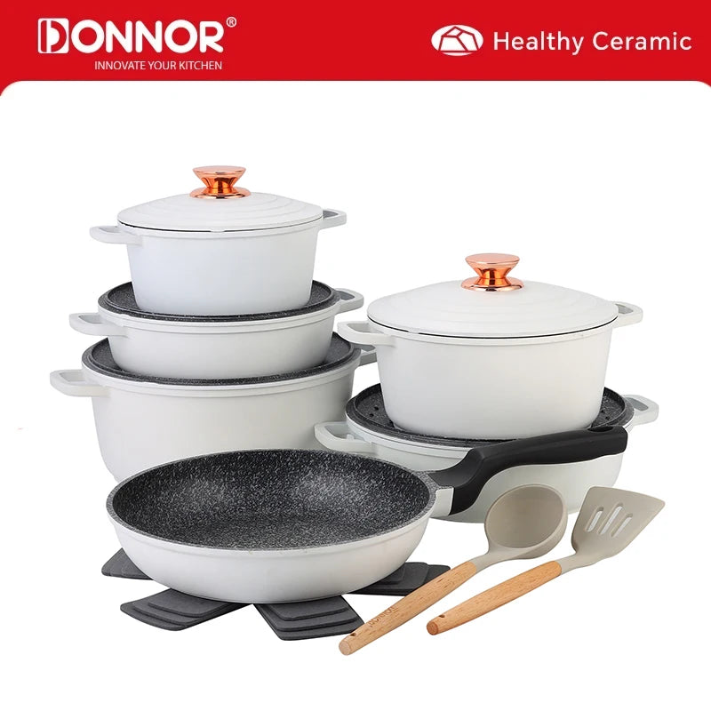 DONNOR Set di pentole in ceramica Set di pentole a induzione da 18 pezzi con coperchio Set di padelle e pentole antiaderenti salutari da cucina con padella JT532