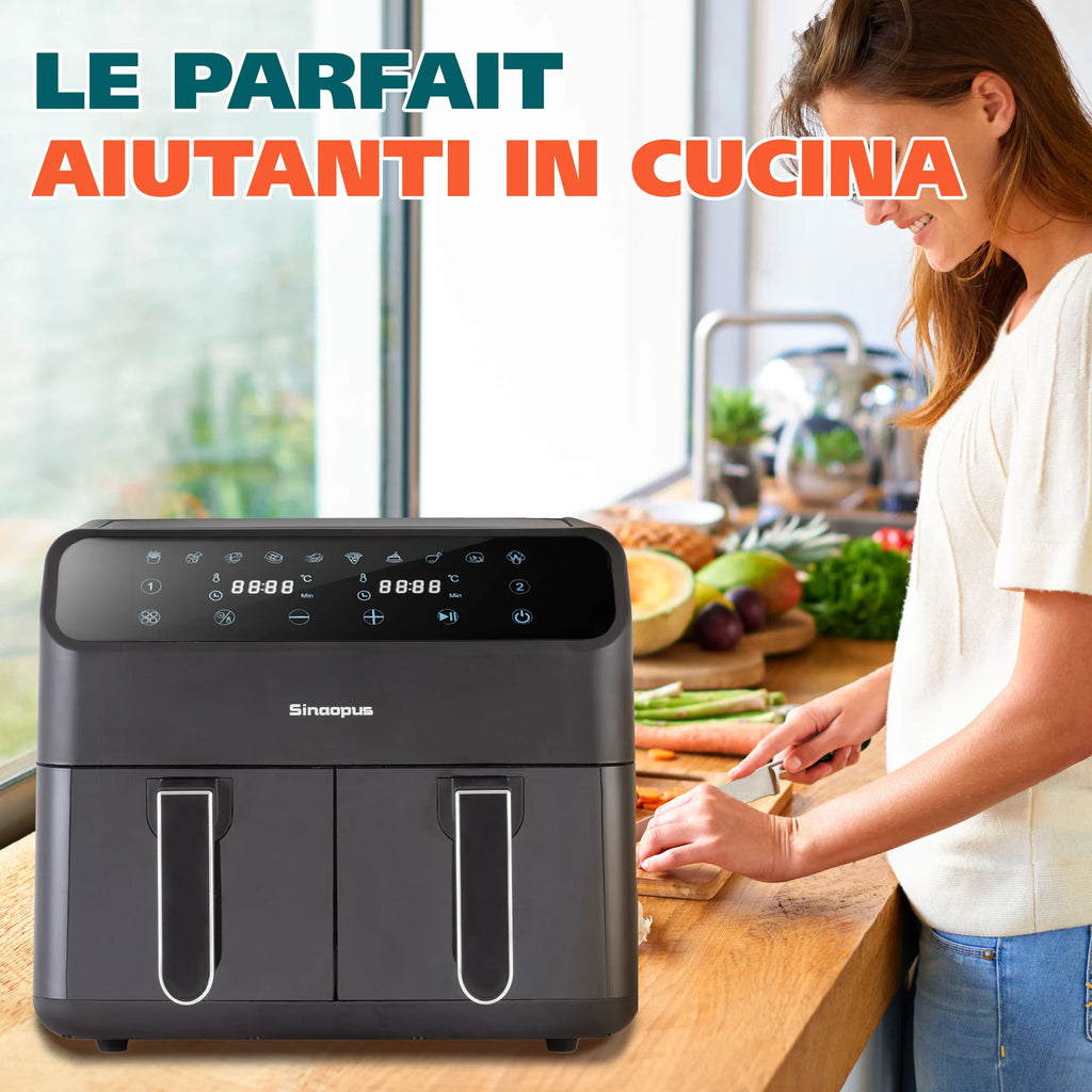 Sinaopus Friggitrice ad aria calda 2000W 9L XXL con doppio scomparto, timer, touchscreen LED, forno elettrico senza olio, formato famiglia