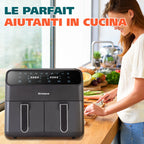 Sinaopus Friggitrice ad aria calda 2000W 9L XXL con doppio scomparto, timer, touchscreen LED, forno elettrico senza olio, formato famiglia