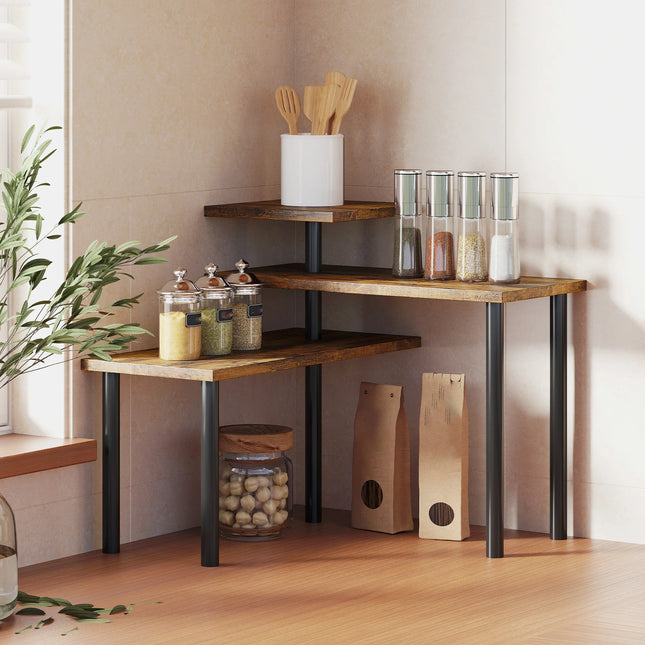 HOMCOM Scaffale da Cucina Girevole a 3 Livelli, Scaffale Angolare Moderno, Struttura in Metallo, Scaffale Portaoggetti, Marrone Rustico