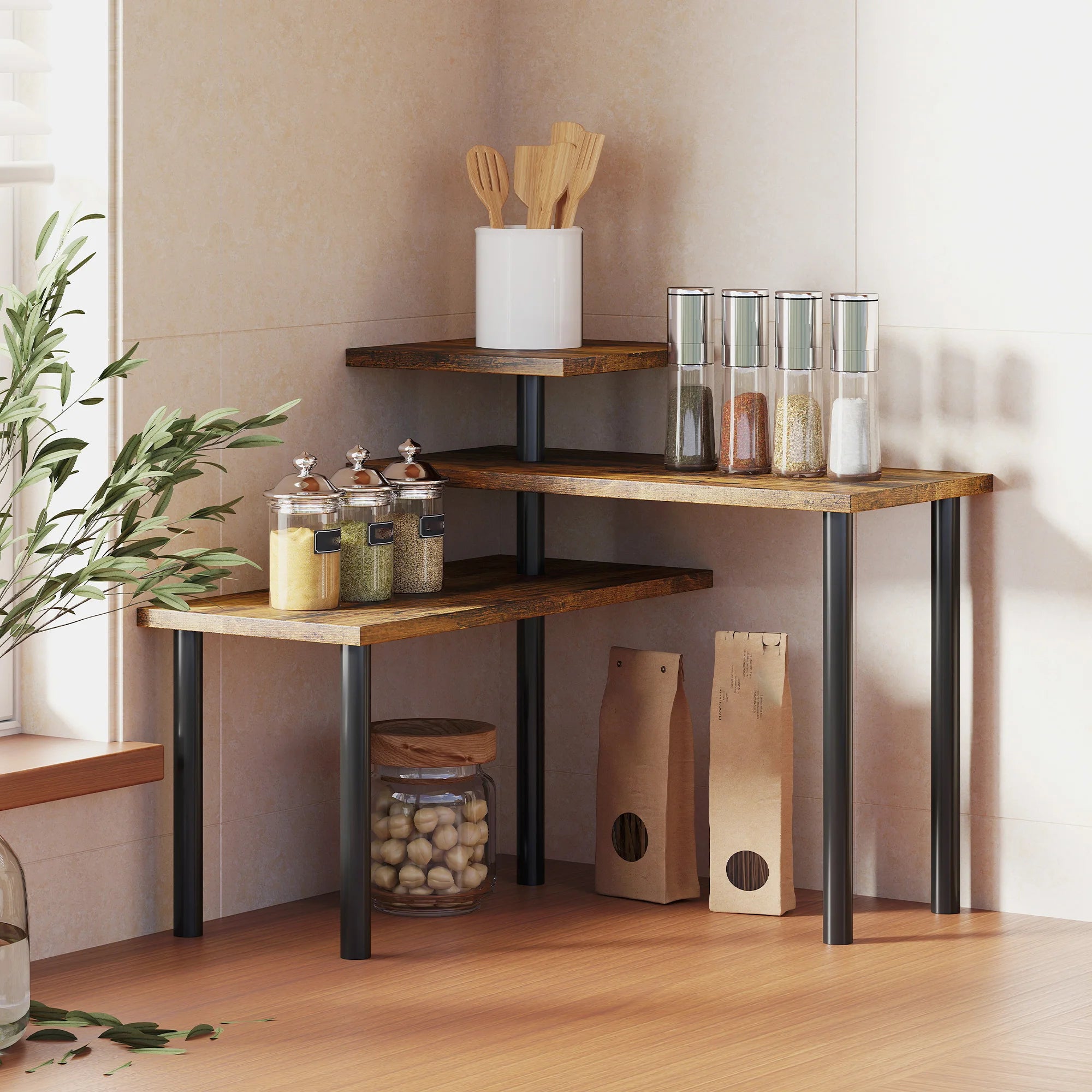 HOMCOM Scaffale da Cucina Girevole a 3 Livelli, Scaffale Angolare Moderno, Struttura in Metallo, Scaffale Portaoggetti, Marrone Rustico