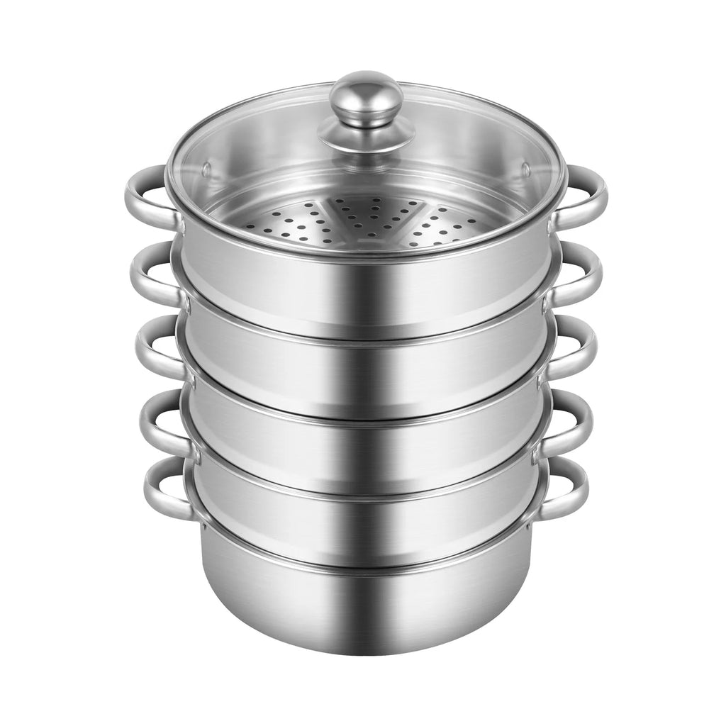26 cm 5-stöckiger Edelstahl-Dampfgarer, langlebiger Dampftopf mit Glasdeckel