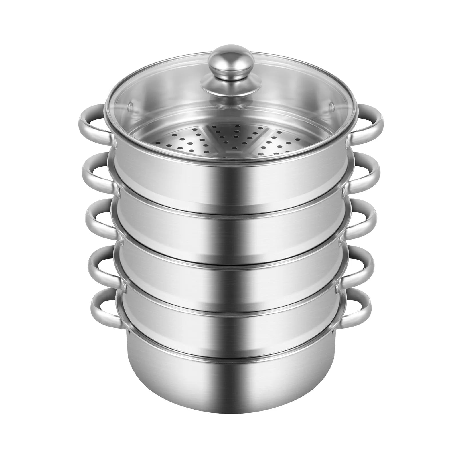 26 cm 5-stöckiger Edelstahl-Dampfgarer, langlebiger Dampftopf mit Glasdeckel