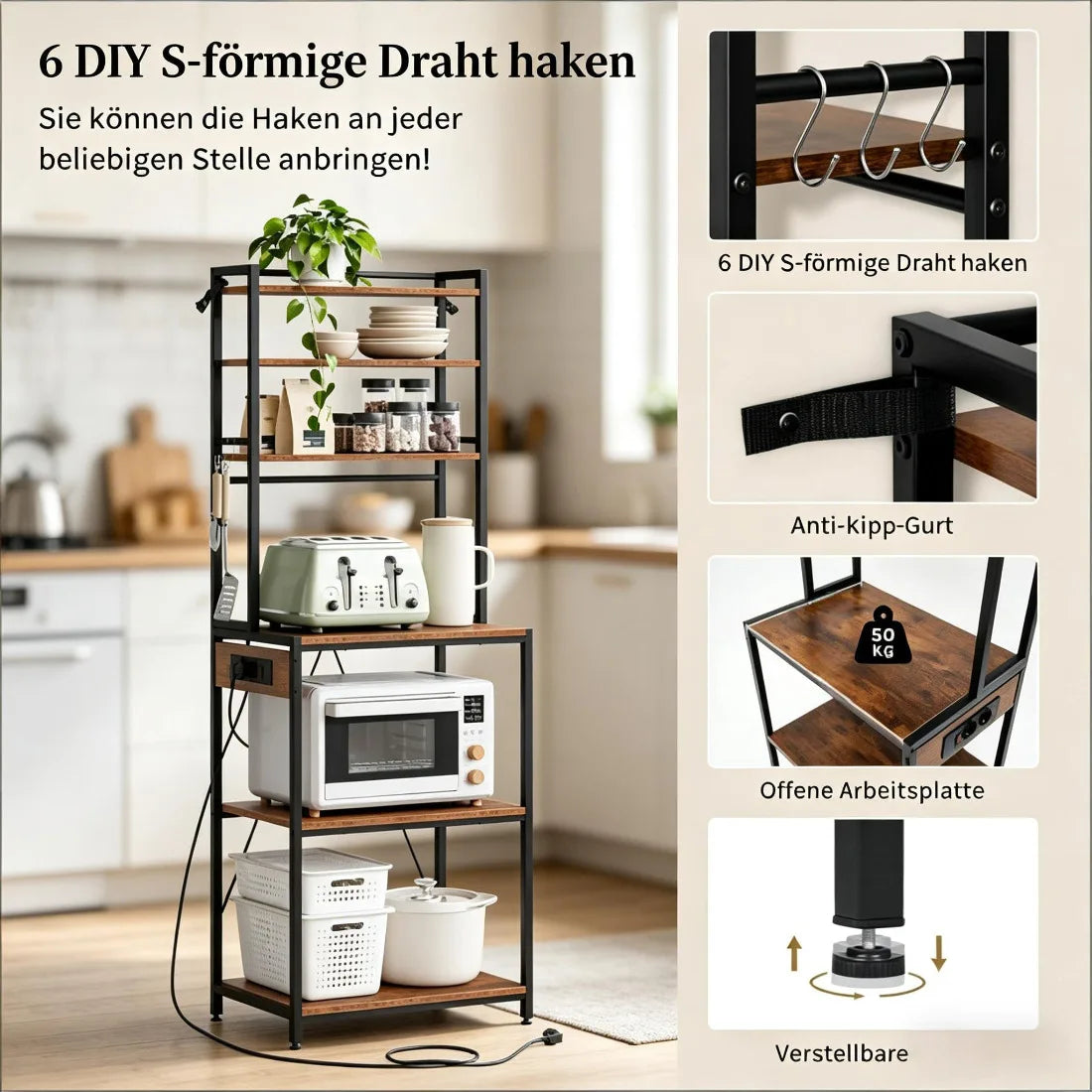 Stazione Caffè, Scaffale da Cucina con Prese, Mobiletto da Cucina, Mini Workstation da Cucina, Scaffale Espositivo – Tutto in Uno per l'Organizzazione di Caffè ed Elettrodomestici