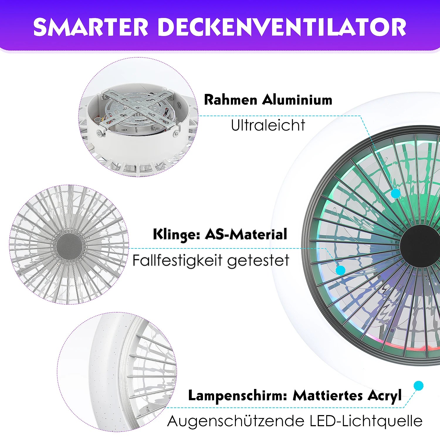 Ventilatore da soffitto silenzioso da 50 W con luce, colore RGB che cambia dimmerabile, timer a 6 velocità   Impostazioni per soggiorno camera da letto