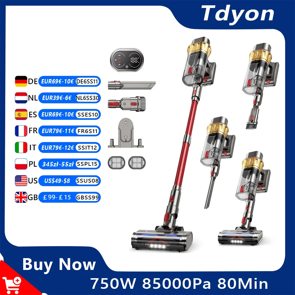 Tdyon 750W 85000PA Akku-Staubsauger, Ultrahohe Saugleistung, 80 Minuten Laufzeit, Handstaubsauger mit Wechselakku