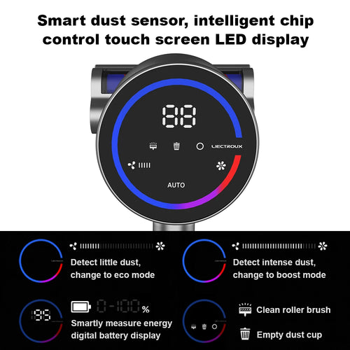 Liectroux i10 kabelloser Handstaubsauger, intelligente Stauberkennung, 250W BLDC, 27Kpa Saugkraft, Farb-Touchscreen, abnehmbarer Akku, 45 Minuten Laufzeit, leichter Stabstaubsauger für Teppiche