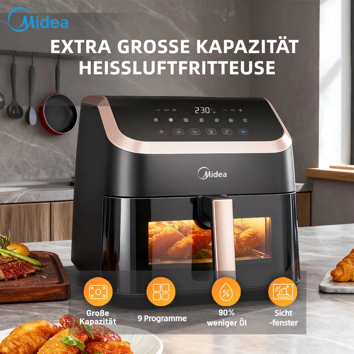 Midea XXL Heißluftfritteuse 8,5 L - 8-in-1, mit Sichtfenster, bis zu 200°C, ölfrei, spülmaschinenfest, Schwarz/Roségold.