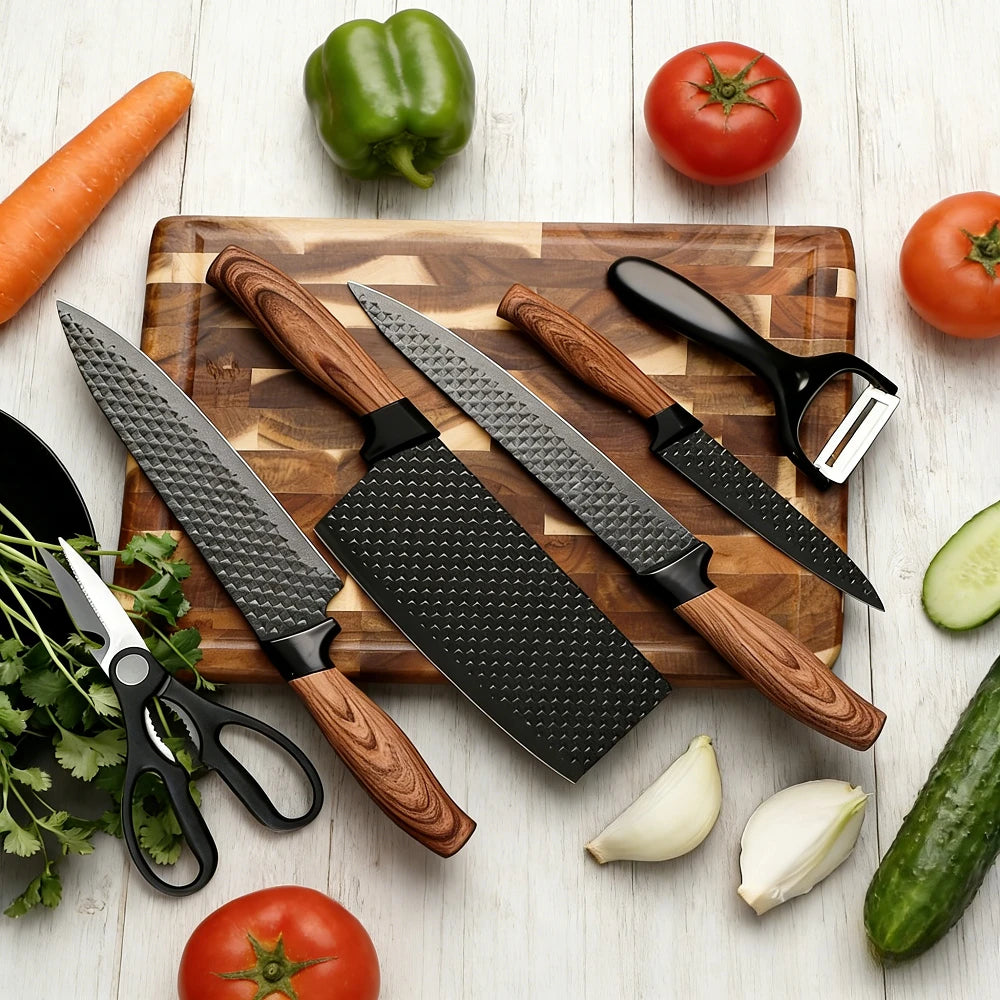 Set di 6 Coltelli da Cucina ZENG con Lame Affilate Antiaderenti, Manico Ergonomico in Legno, Set Completo per Cucinare e Tagliare