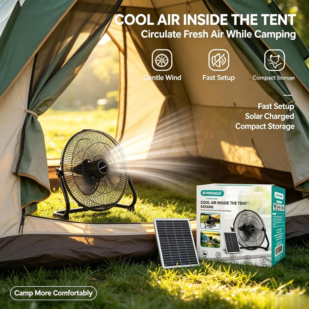 Arrango Solarbetriebener Standventilator, neigbar, leise, 3 Geschwindigkeiten, mit abnehmbarem Solarpanel für Wohnmobil, Angeln, Kühlung bei Stromausfall oder außerhalb des Stromnetzes
