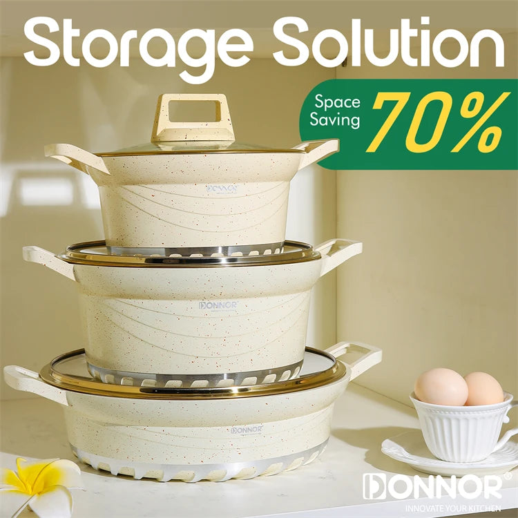 DONNOR 10PCS Set di Pentole a Induzione Lavabile in Lavastoviglie Pentole Antiaderenti con Coperchi in Vetro per Zuppa di Pasta Stufato JT528
