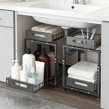Pull-Out Cabinet Organizer, Carbon Steel Under-Sink Shelf, Sliding Drawer for Spices and Jars