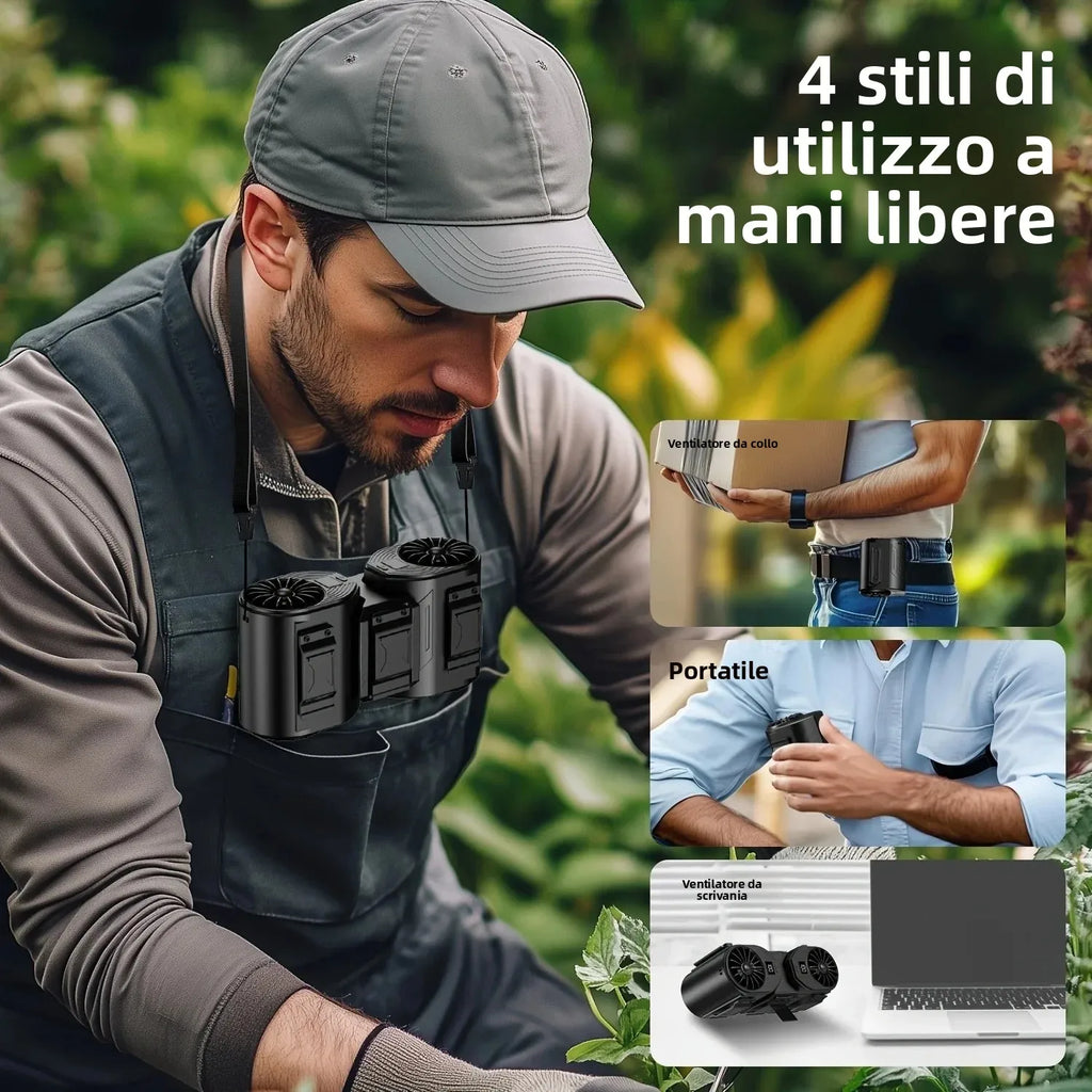 Ventilatore 2-in-1 Staccabile con Clip da Cintura e Cordino da Collo, Potente Ventilatore Ricaricabile da 10000mAh per Lavoro all'Aperto, Campeggio, Pesca