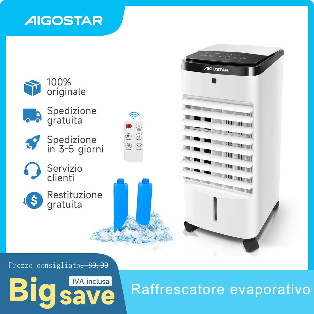 Aigostar Olaf – Verdunstungskühler mit Fernbedienung, 3 Modi, 3 Geschwindigkeiten und Wind. Mit Timer mit automatischer Abschaltung. 3,5 Liter Wassertank. Sockel