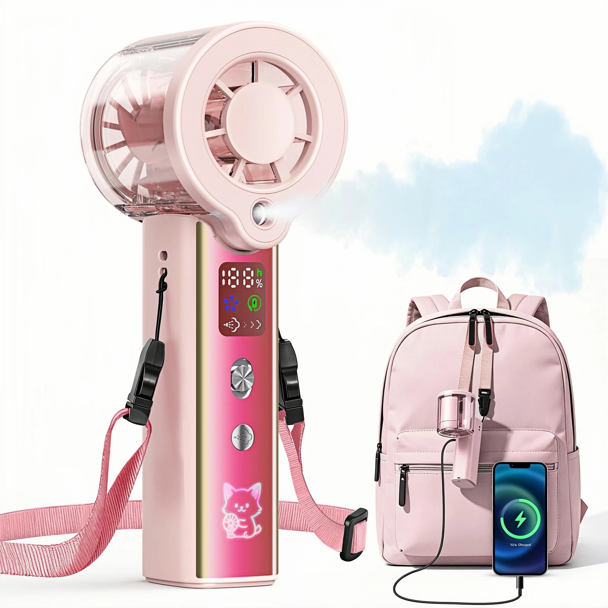 Ventilatore portatile con nebulizzatore, ventilatore personale turbo ad alta velocità da 30000 RPM con velocità regolabili, mini ventilatore spray ricaricabile da 3000 mAh, con display LED, per viaggi, attività all'aperto,