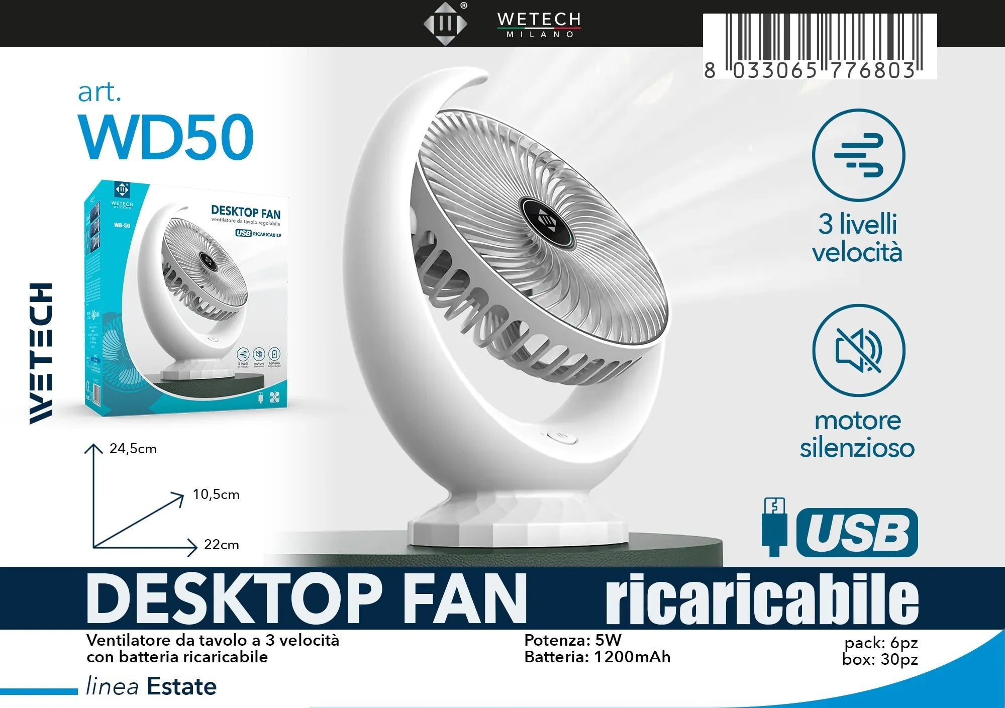 Ventilatore USB Portatile WETECH, Ventilatore da Tavolo Ricaricabile a 3/5 Velocità, Raffreddatore Personale Silenzioso per Casa, Ufficio e Uso Esterno