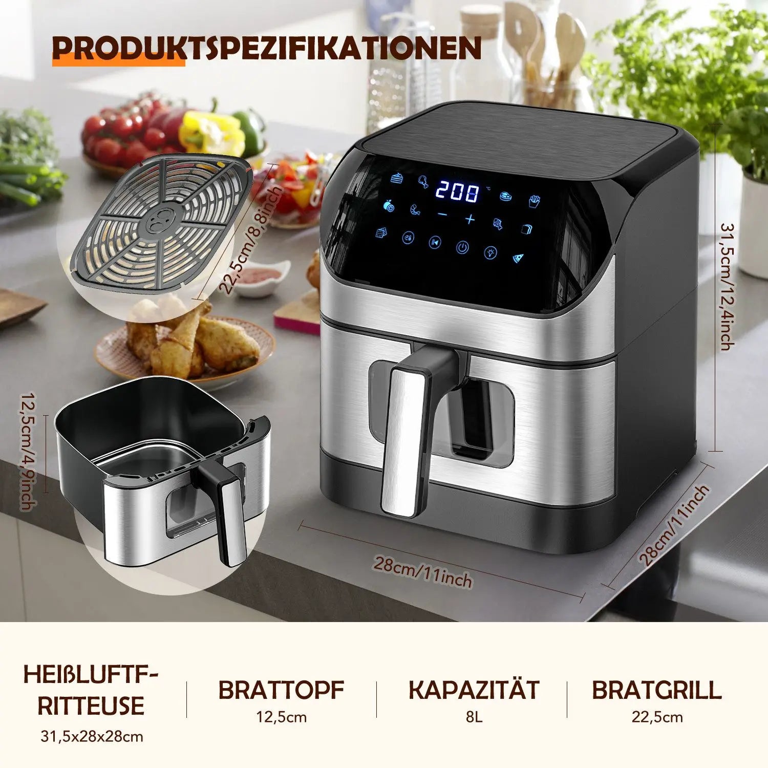 Friggitrice ad aria calda Oyajia 8 litri, 1800 W, 10 modalità di cottura, 80-200 °C