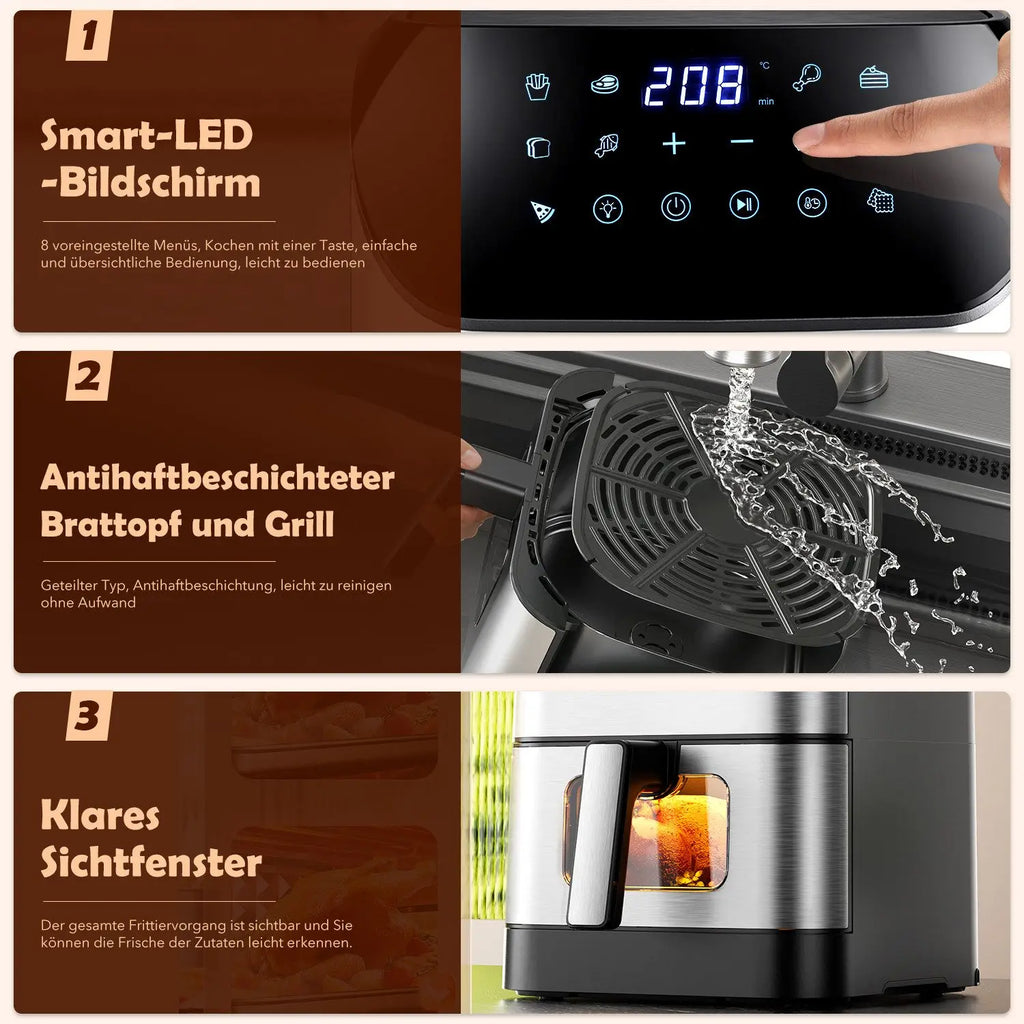 Friggitrice ad aria calda Oyajia 8 litri, 1800 W, 10 modalità di cottura, 80-200 °C