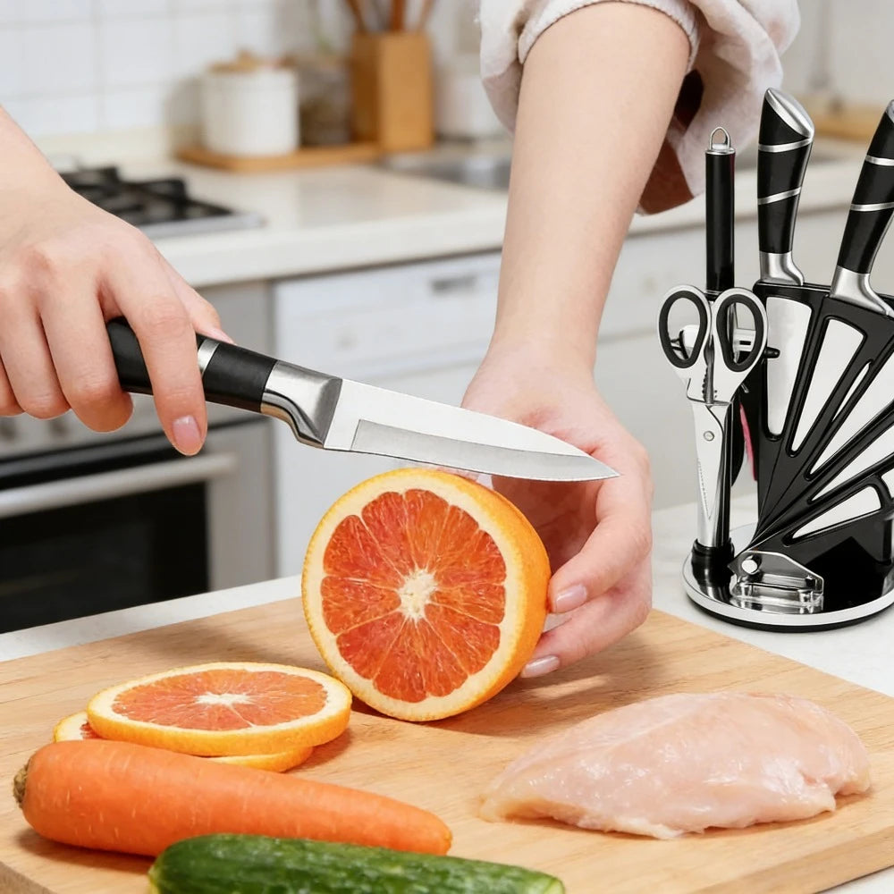 Set mit 9 schwarzen Küchenmessern mit hohlem Edelstahlgriff, scharf, langlebig, rostfrei, hohe Härte, mit Messerblock für zu Hause