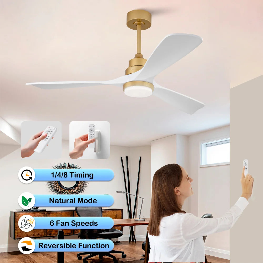 Ventilatore da soffitto da 52 pollici con luce, telecomando, funzione dimmer, pale in legno massello, funzione di accumulo di energia in caso di interruzione di corrente, motore DC silenzioso, moderno ventilatore da soffitto