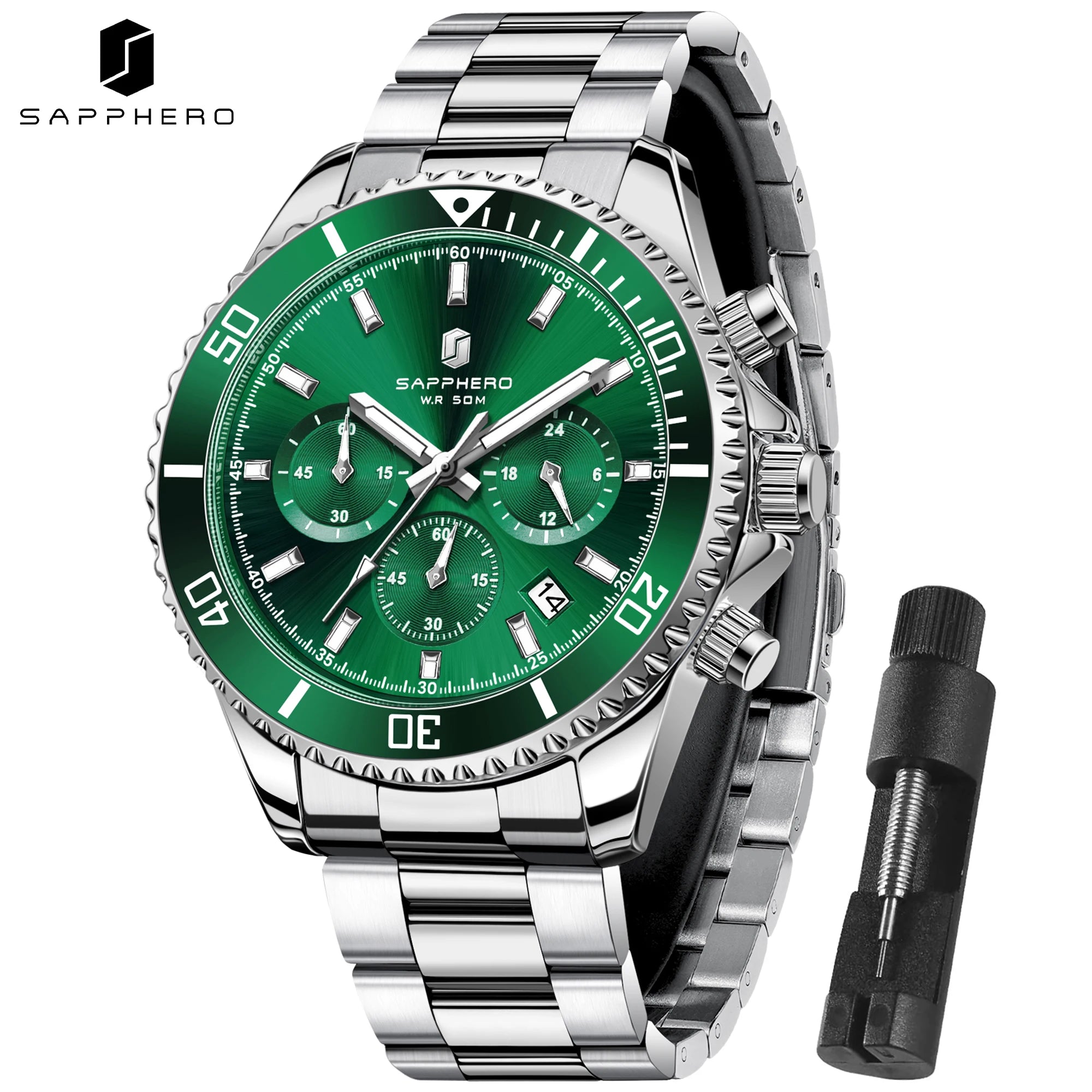 SAPPHERO Orologio Uomo Quarzo Cronografo Sport Acciaio Inossidabile Impermeabile 50M