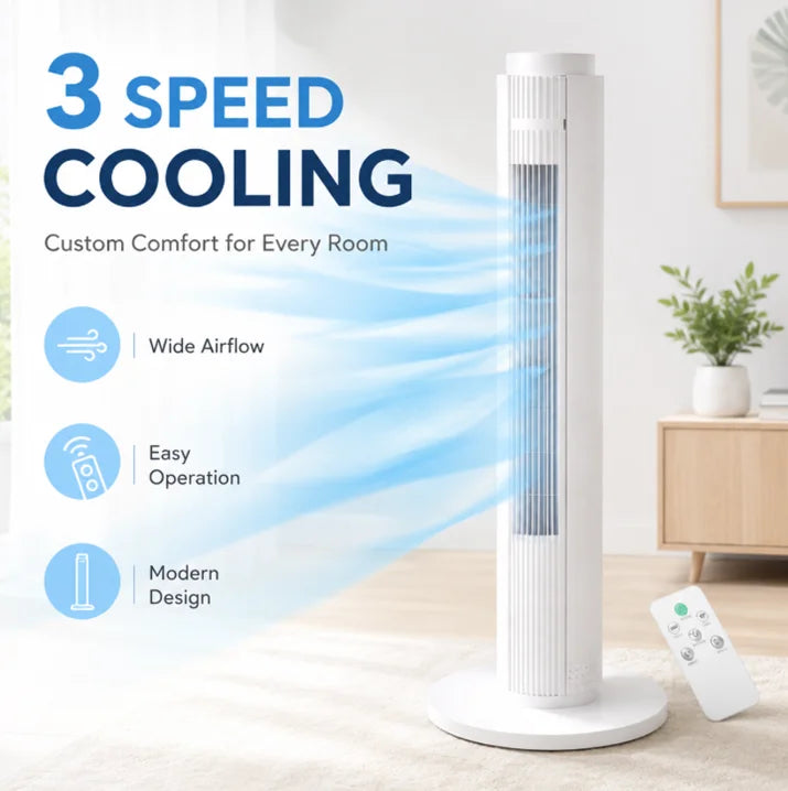 Ventilatore a Torre da 79 cm 60W, RINFRESCATORE A TORRE, Ventilatore a Torre Senza Pale Verticale con 3 Velocità Regolabili e Telecomando, Raffrescatore d'Aria Silenzioso Oscillante per Camera da Letto, Soggiorno, Ufficio