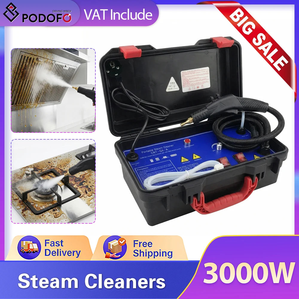Podofo Tragbarer Dampfreiniger 3000W 120° Hochdruck- und Hochtemperatur-Dampfreiniger mit 3m Schlauch zur Reinigung von Küchenfett, Fliesen, Fugen und Autodetails