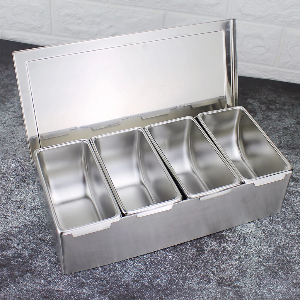 Silberne Obstschale aus Edelstahl mit 4 Fächern, Obstaufbewahrungsbox für den Haushalt, Gewürzbox für Küchen, Restaurants, Bars