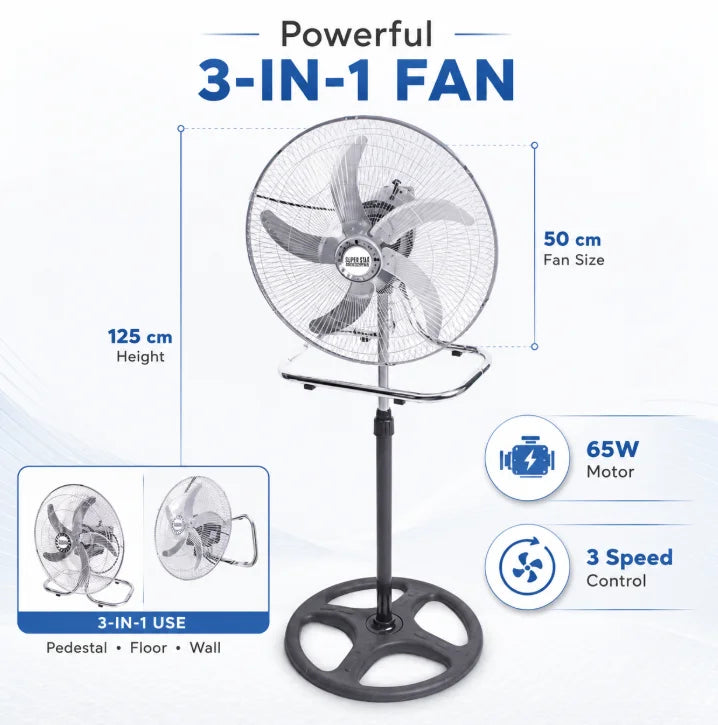Industrieventilator aus Metall, 3-in-1, 65W, 3 einstellbare Geschwindigkeiten, 125x50CM, Multifunktions-Boden-, Tisch- und Wandventilator, Leistungsstarker Luftzirkulationsventilator für Zuhause, Garage, Lager