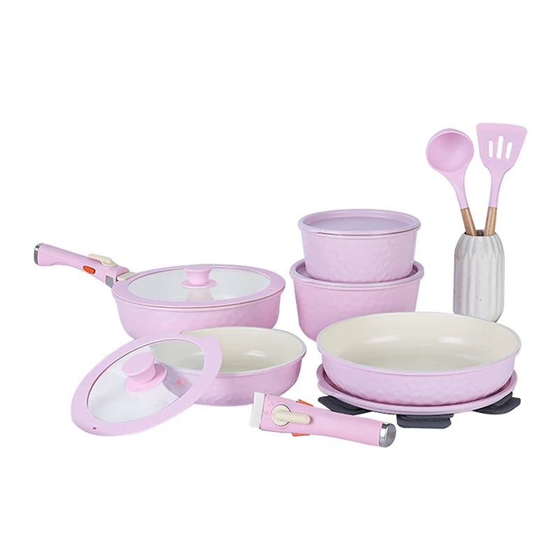 DONNOR 17 Pezzi Set Pentole e Padelle Set di Pentole da Cucina Antiaderenti a Induzione con Manico Staccabile Lavabile in Lavastoviglie Forno JT444