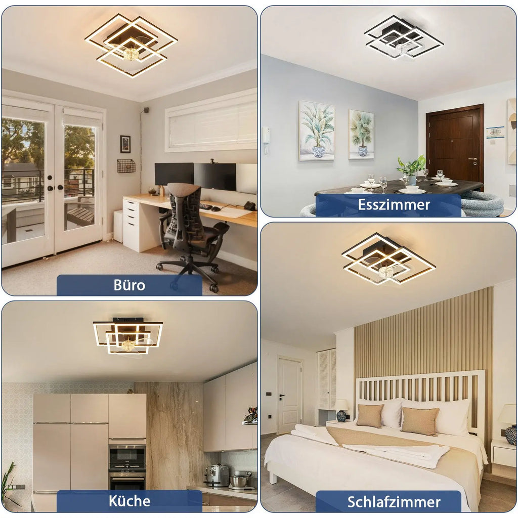 Ventilatore da soffitto nero a 3 teste con cornice quadrata, 33 cm, telecomando dimmerabile