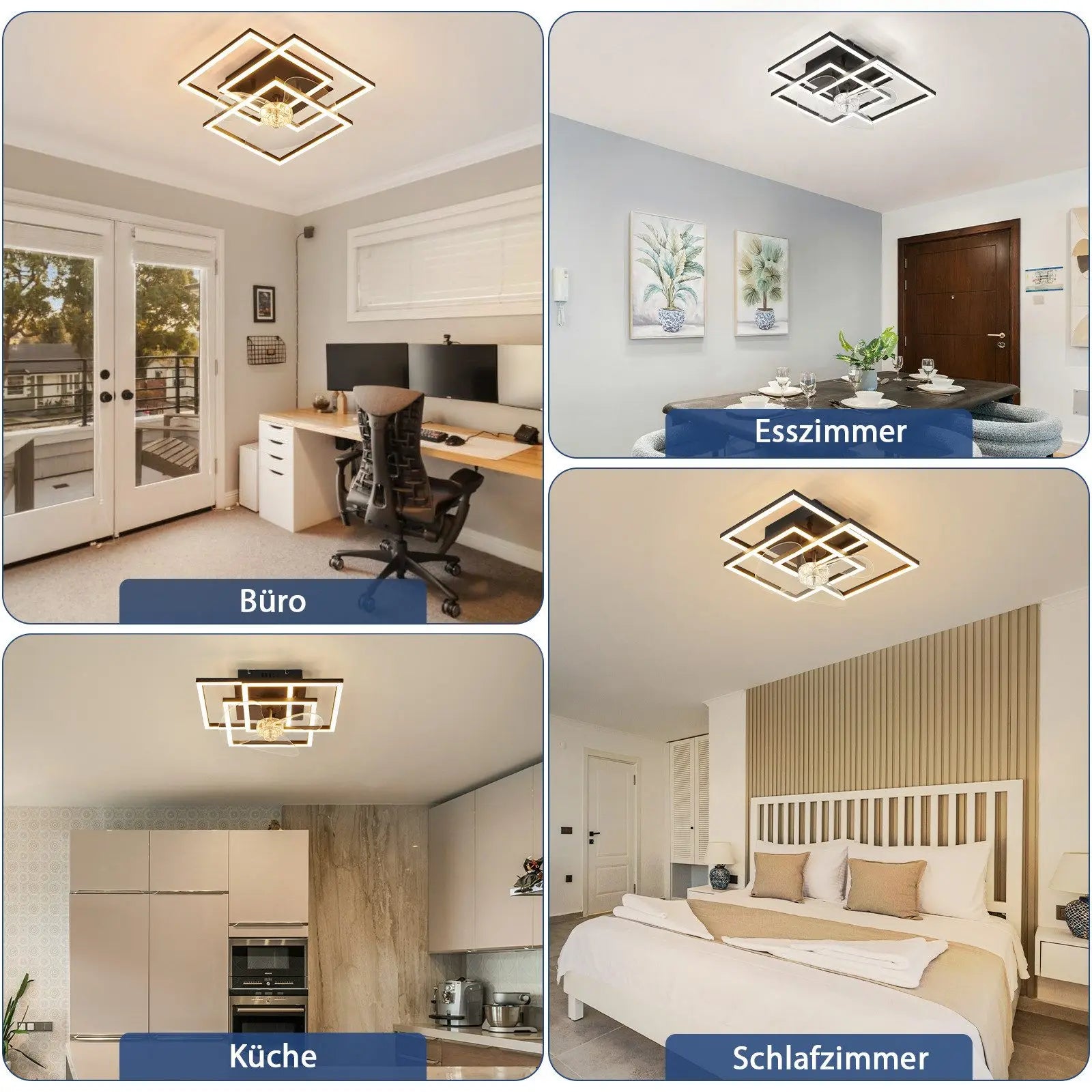 Ventilatore da soffitto nero a 3 teste con cornice quadrata, 33 cm, telecomando dimmerabile