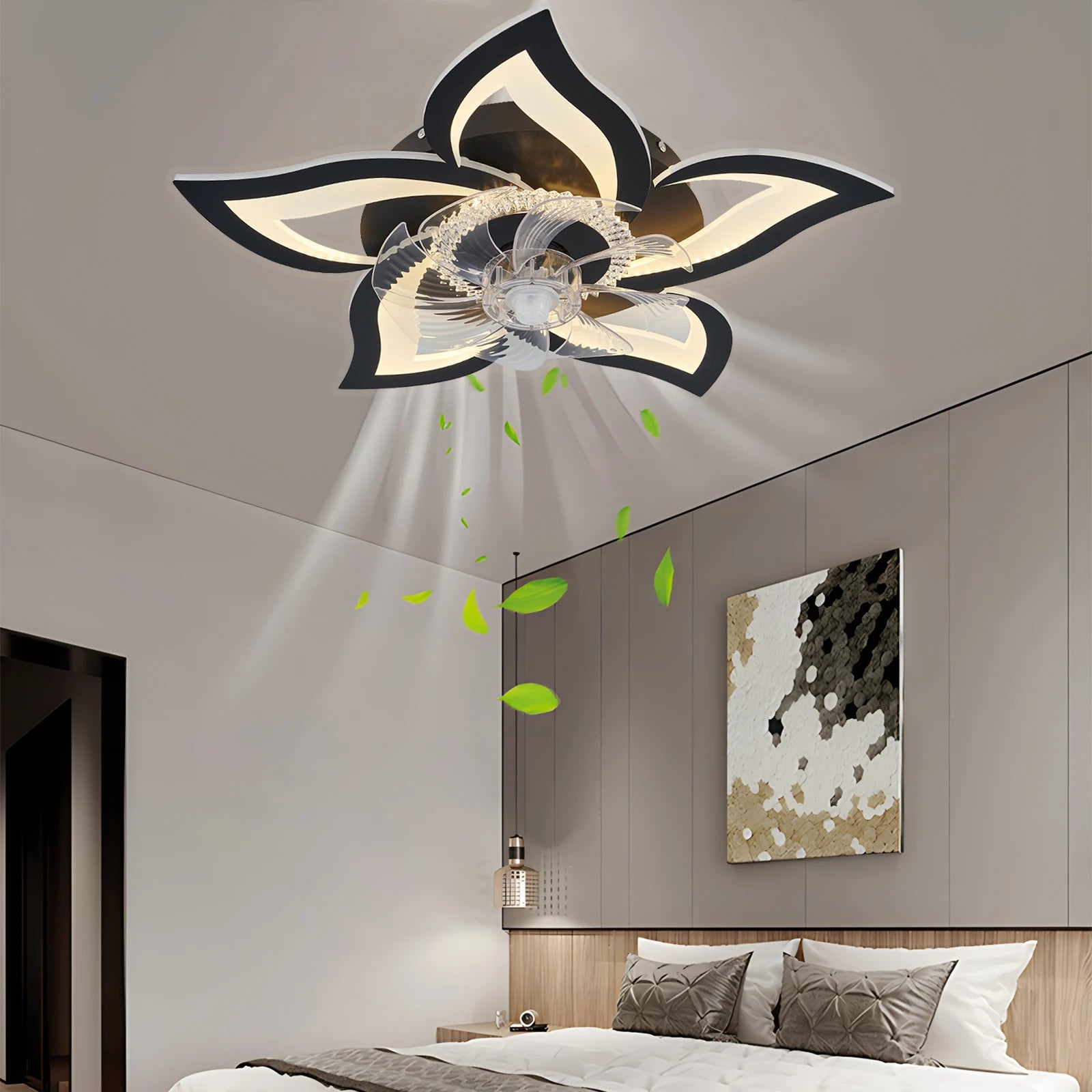 Jelena Ventilatori da soffitto da incasso Luci da ventilatore a LED a forma di fiore semplice con telecomando Camera da letto Nero Bianco Ventilatore a LED a 6 velocità