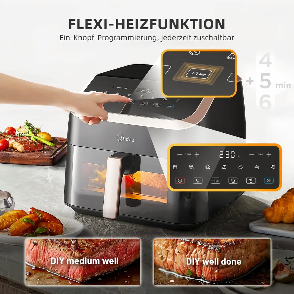 Midea XXL Heißluftfritteuse 8,5 L - 8-in-1, mit Sichtfenster, bis zu 200°C, ölfrei, spülmaschinenfest, Schwarz/Roségold.