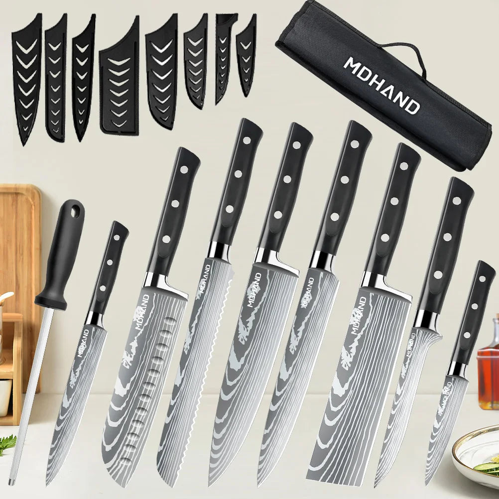 MDHAND Messerset, 8-teilig, scharfes japanisches Kochmesser, Hackbeil, Mehrzweckmesser für Brot und Scheiben, ABS-Griff mit Nylontasche