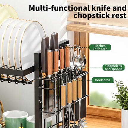 Space-saving 2-tier dish rack with cutlery holder and storage box with removable drip tray for apartment kitchen