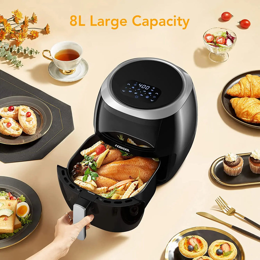 8L digitale Heißluftfritteuse – schnelles Garen 1800W, Touchpanel, 8 voreingestellte Programme, 360° Zirkulationstechnologie, ölfrei, antihaftbeschichtet, spülmaschinenfest, Familiengröße, schwarz