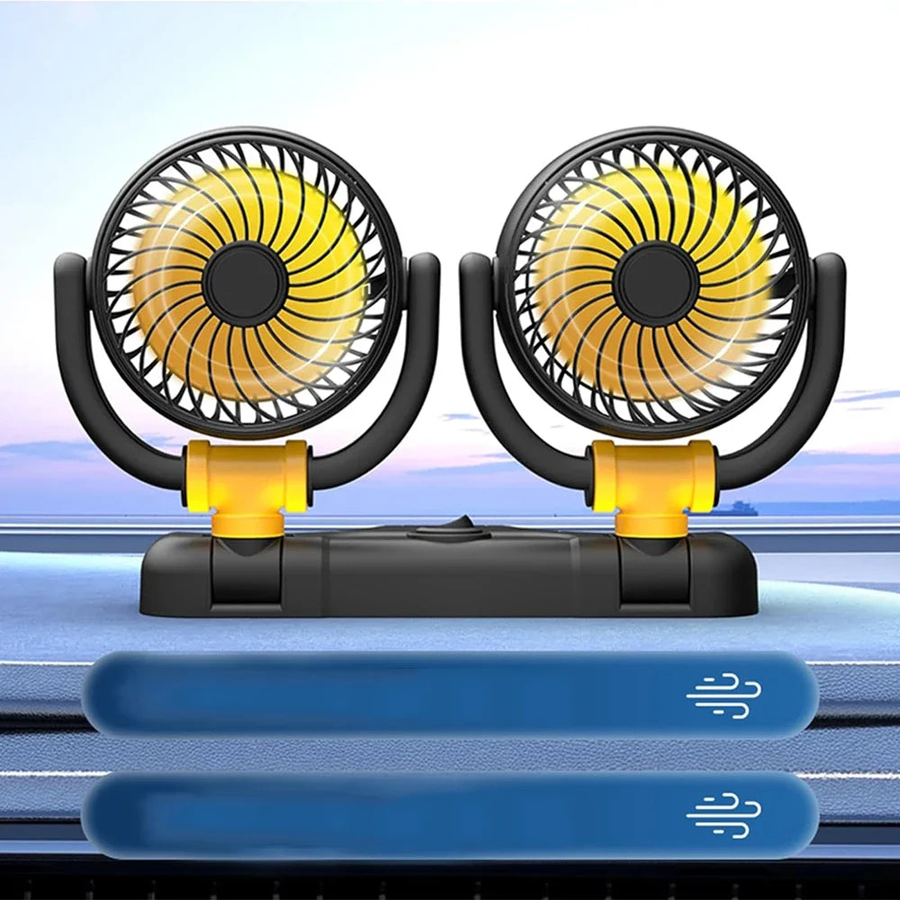 Ventilatore per Auto 12V a Doppia Testa con Rotazione a 360 Gradi, Portatile, 2 Velocità, Vento Forte, Alimentazione da Presa Accendisigari per Camion, SUV, Camper