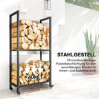 Kaminholzregal für Innenräume, aus Stahl, 60 x 30 x 119 cm, 2-stufiges Regal mit Rollen, schwarz