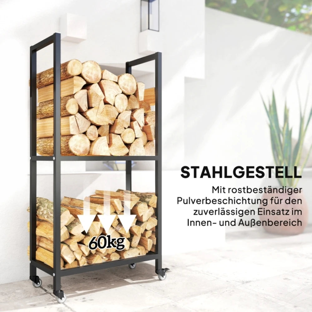 Kaminholzregal für Innenräume, aus Stahl, 60 x 30 x 119 cm, 2-stufiges Regal mit Rollen, schwarz