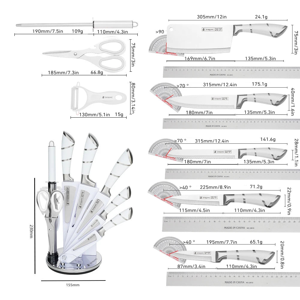 DIFITO 9-teiliges, minimalistisches, weißes Küchenmesser-Set mit hohlem 3Cr13-Stahlgriff, scharf, langlebig und rostbeständig, mit Messerblock, für Zuhause und als Geschenk