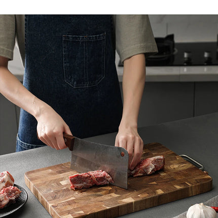Large Acacia Wood Cutting Board, Checkerboard Cross-Grain Butcher Block, Thick and Reversible with Metal Handle