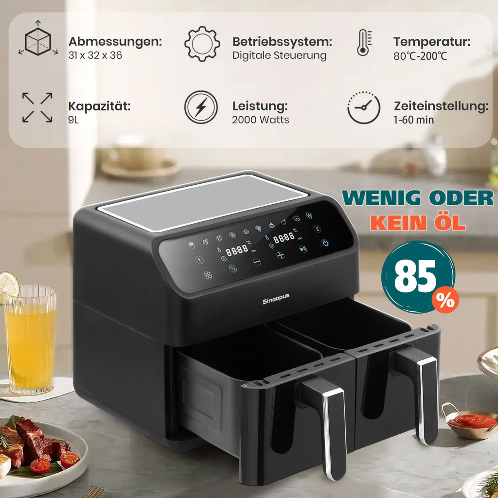 Sinaopus Friggitrice ad aria calda 2000W 9L XXL con doppio scomparto, timer, touchscreen LED, forno elettrico senza olio, formato famiglia